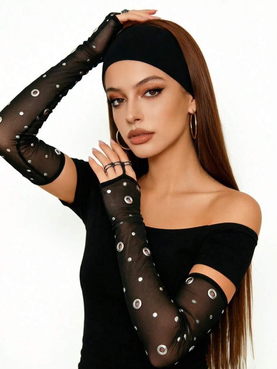 2件装纯色运动瑜伽头带+水钻拇指孔臂套吸汗带，男女跑步健身头饰沙滩配饰夏季服装弹性发带 - 黑色 - 查看 1