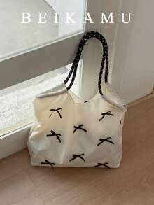 New Women's Beige Bow Decor Tote Bag, Large Capacity Drawstring Closure Shoulder Bag, Commute Gentle Style Girly Handbag - White - View 7