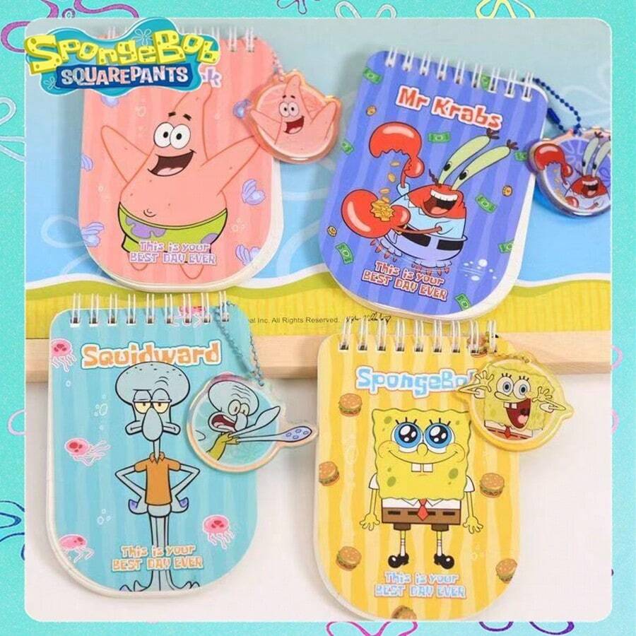 SpongeBob SquarePants 4本/1本，方裤——一款充满活力的方裤主题笔记本，非常适合学生和方裤粉丝。笔记本日记版，卡通线圈笔记本，可爱时尚笔记本，方裤，章鱼哥动漫角色设计