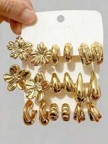 18pcs Exaggerated Eternal Flower, Large C-Shaped, 5-Petal Flower, Butterfly Series Earring Set, Suitable For Daily And Festival Wear, ABS Resin Material With UV Plated Non-Fading Gold - 金子 - 查看 11