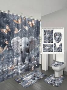 Bộ 1 rèm tắm chống thấm nước họa tiết voi trong mưa, kèm 12 móc treo, thích hợp cho phòng ngủ, nhà ở, khách sạn, có thể giặt máy. - A - Xem 2