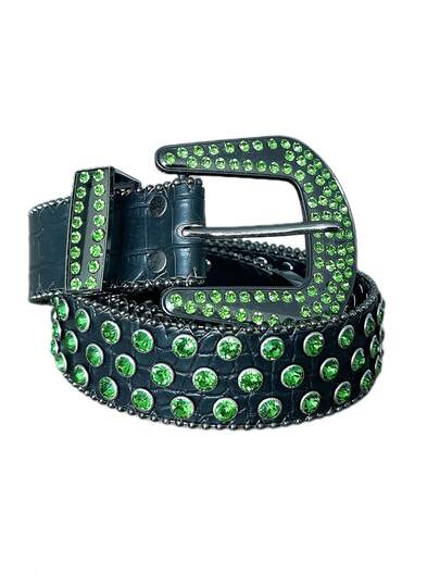 1 chiếc thắt lưng unisex màu trơn đính pha lê, thắt lưng da PU bóng bẩy phong cách punk hip-hop cho quần jeans, váy.