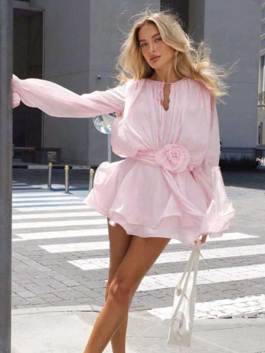 Fairycore Baby Pink 3D Flower Decor Tie Front Romper, Elegant Lantern Sleeve Fluffy Hem Mini Dress, Sweet Party Outfits For Women Vestidos Elegantes De Mujer - Hồng - Xem 1