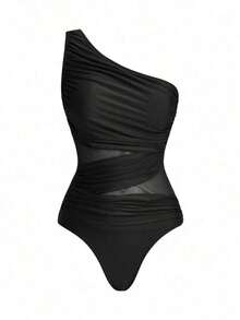 Swim Oasis One-Piece Swimsuit With Solid Color Ruched Mesh Panel And Sarong Skirt - Black - View 5