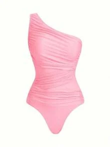 Swim Oasis Traje de baño de una pieza con panel de malla fruncida de unicolor y falda pareo - Rosa - Ver 6