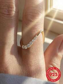 1pc 925 Sterling Silver Elegant Curved Diamond Ring, Inlaid Cubic Zirconia, Women's Style, Vintage Party Birthday Ring, Fashionable Jewelry Gift - Gold - View 2