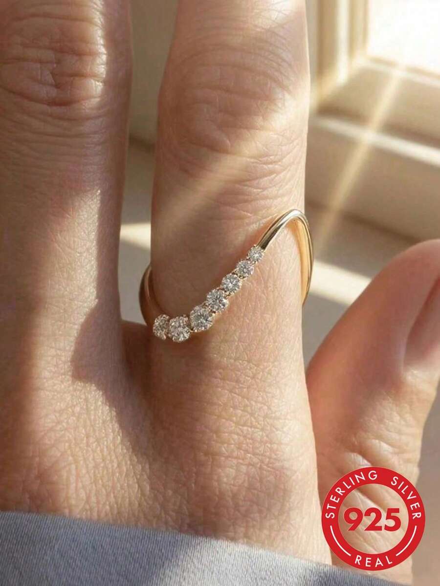 1pc 925 Sterling Silver Elegant Curved Diamond Ring, Inlaid Cubic Zirconia, Women's Style, Vintage Party Birthday Ring, Fashionable Jewelry Gift