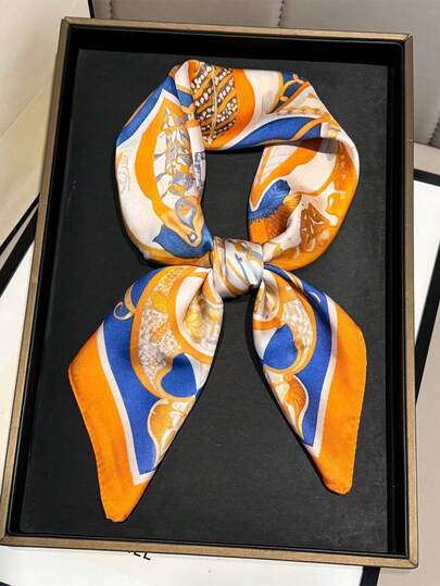 1pc Women's Elegant Retro Printed Lightweight Satin-Like Square Scarf, Bohemian Style Casual Neck Scarf, Shawl, Thin & Comfortable Ladies Headscarf, Suitable For Spring/Summer Daily Wear And Outings