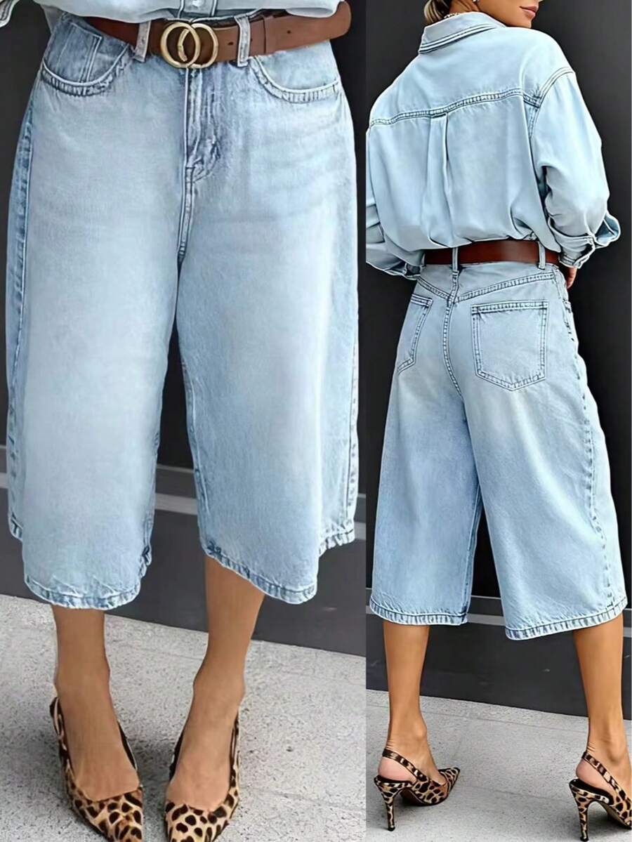 女士休闲百慕大牛仔短裤，带口袋、拉链和纽扣细节，面料略带弹性，适合夏季日常穿着。 - 淺藍色 - 查看 1