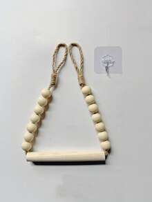 No Drill Vintage Rope & Wooden Bead Design Rustic Style Wooden Toilet Paper Roll Holder, With Jute Rope And Wooden Beads, Wall-Mounted Bathroom Tissue Dispenser, Designed For Wall, Easy To Install, Adhesive Bathroom Accessory - Multicolor - View 8