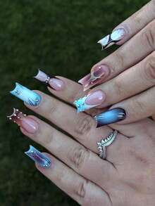24 Square Acrylic Nail Art Gift Box Set, Millennial Style, Unique Blue-Black Gradient Caramel Light Blue Ombre French Edge With Silver Steel Ball Embellishment, Incorporating Geometric Lines, Irregular Flame Art, Y2K Style, Detachable And Reusable, Easy For Beginners, Suitable For Dates, Parties, And Everyday Wear, Versatile And Goes With Everything, False Nails With Jelly Gel, 1 Nail File, 1 Nail File. - Multicolor - View 1