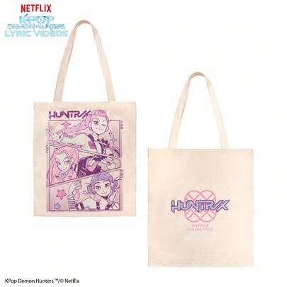  1 chiếc túi tote vải canvas in hình nhân vật HUNTRX trong series KPop Demon Hunters của Netflix, kiểu dáng thường ngày, màu pastel.