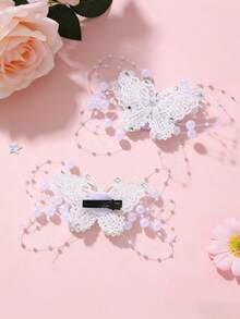 2 piezas Elegantes Pasadores de Cabello con Mariposa 3D Estilo Francés con Decoración de Perlas y Malla, Adecuados para Uso Diario, Fiesta y Ocasiones Formales - Multicolor - Ver 4