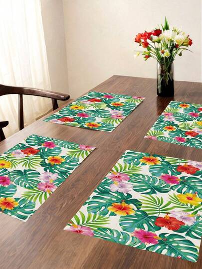 4 Watercolor Monstera Lemon Flower Placemats, Vintage Tropical Plants, Epiphyllum Palm Leaves, Eucalyptus Leaves, Bohemian Blue Geometric Farmhouse Heat-Resistant Placemats For Terrace Round Tables Holiday Parties Kitchen Home Dining Tables Tea Parties