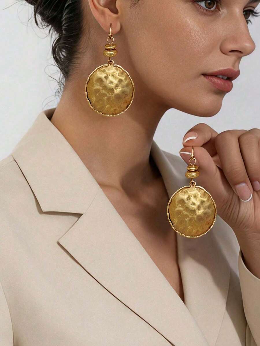 1 Pasang Anting-Anting Cakram Bulat Logam Minimalis Vintage Baru dengan Tampilan Usang, Anting-Anting Serbaguna untuk Pemakaian Sehari-hari bagi Wanita - Emas retro - View 1