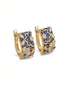 Gift Box Luxury Cubic Zirconia Blue Diamond Flower Earrings, High-End Jewelry For Women's Wedding, Party, Banquet, Made Of Copper Material, Non-Fading And Hypoallergenic, Ideal Gift Choice - Gold - View 6