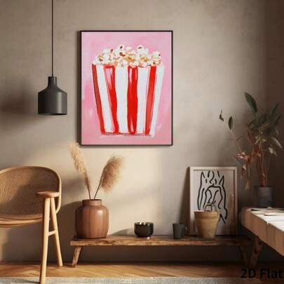 1PCS 2D Flat Pink College Style Dopamine Decor Popcorn Poster Unique Food Wall Art Canvas Print Suitable For Various Settings, Ideal For Room Decoration, Living Room, Bedroom, Kitchen, Bathroom, Entryway, Hallway, Walls, Apartment, Home Decor, Art Print 2026, Food, Perfect For Space Decoration