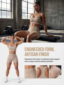 TCVC 2026 New Seamless Sports Set For Women, Racerback Sports Bra Top + High Waist Letter Print Shorts, Elastic Breathable Moisture-Wicking Fitness Outfit, Suitable For Yoga, Running, Commuting, Date 2pcs/Set - Champagne - View 4