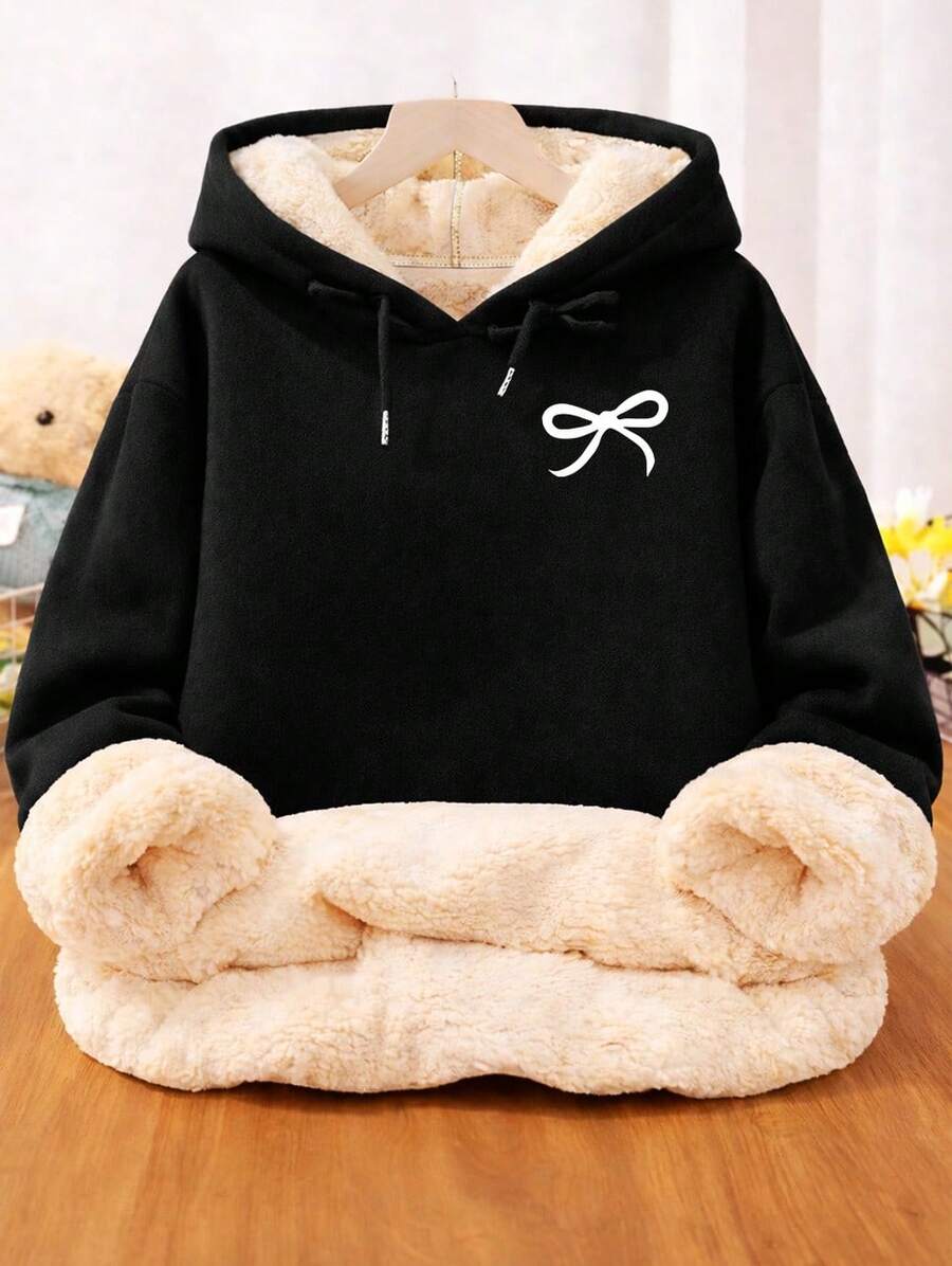 Women's Sweatshirt With Plush Lining And Bow Print | Super Warm Winter Imported - 黑色 - 查看 1