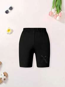 Conjunto informal minimalista de 2 piezas para niñas en verano, camiseta holgada con estampado de lazo negro a juego con pantalones cortos, de moda y adecuado para uso diario - Albaricoque - Ver 4