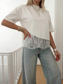 Women's Summer Elegant Casual White Asymmetric Lace Hem T-Shirt, Suitable For Outings And Vacations - White - View 4