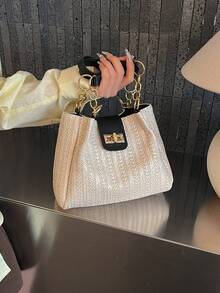 2026新款女士编织手提包，大容量单肩包，沙滩度假草编包，批发 - 黑色 - 查看 4