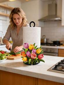 Soporte de papel higiénico de metal duradero y de alta calidad con decoración de tulipán artificial de colores - Decoración festiva para boda/fiesta/Día de San Valentín, acento para el hogar en días festivos, regalo familiar perfecto para la decoración de la mesa de la cocina y el comedor - Multicolor - Ver 3