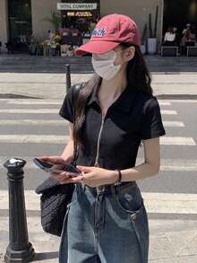 无袖紧身双拉链T恤，纯色，夏季休闲黑色 - 黑色 - 查看 6