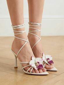 Sandalias de tacón de aguja con punta puntiaguda y cordones de moda para mujer, disponibles en blanco, negro, rosa, caqui - Blanco - Ver 1