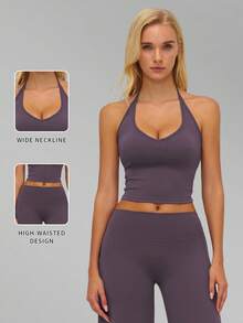 MFVIM Women's Spring/Summer Sports Suit, 2-Piece Casual Sportswear Set, Halter Neck Tank Top And Wide Leg Pants, High-Waisted Stretchy Fitness Outfit. Lightweight, Skin-Friendly, Durable, High-Waisted Wide Leg Pants + Fitted Top, Whole Set Elongates Legs. Solid Color, Suitable For Daily Casual, Outdoor, Jogging, Cycling, Yoga, Pilates, Gym Workout - Bold Plum - View 4