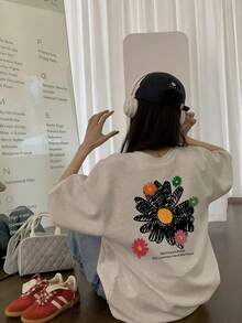 女士宽松圆领短袖字母花卉印花T恤，春夏休闲款 - 淺花灰 - 查看 2