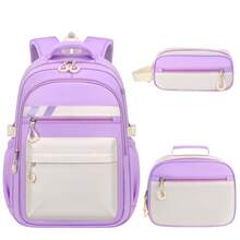 3pcs/Set Girls' Colorblock Student Backpack (With Lunch Bag And Pencil Case), 15.6" Laptop Bag, Polyester Fabric, Large Capacity Lightweight Zipper Closure Minimalist Backpack For School, Commute, Travel And Daily Use - A - View 15