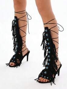 Women's Knee High Sandals High Heel Strappy Gladiator Shoes Fashion Fringe Tassels Lace-Up Sandalas Suede Open Toe With Stones Summer Shoes Beach Party Vacation Comfortable Shoes - 黑色 - 查看 6