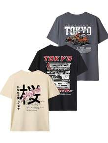 3pcs/Set Summer New Casual Funny Car Racing & Japanese Sakura Floral Print Round Neck Short Sleeve T-Shirts, Fashionable & Versatile Women Tops - Đen, mơ và xám đậm - Xem 4