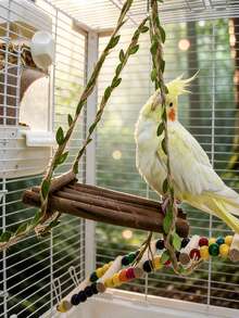 Medium-Small Parrot Natural Wooden Rattan Hanging Swing, Interactive Perch, Realistic Green Leaf Swing Toy To Relieve Boredom, Educational Bird Supplies, Bird Cage Accessories, Parrot Toys - View 8