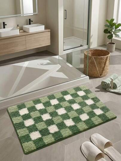 1 tấm thảm nhà tắm mềm mại, thảm kẻ caro xanh tối giản, thảm nhà tắm chống trượt thấm hút, thảm nhà tắm gia đình, thảm trải sàn nhà tắm, thảm nhà vệ sinh, trang trí nhà cửa, trang trí Giáng sinh, quà tặng Giáng sinh