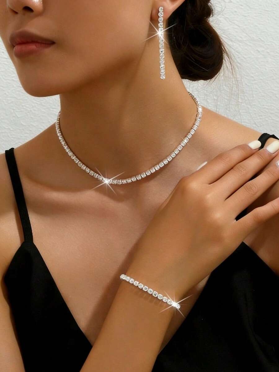 1件/套锆石单排奢华晚宴首饰套装，包括项链、手链和耳环，适合女士派对、婚礼、母亲节等场合。 - 銀色 - 查看 1