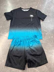 Purechapter 2pcs/Set Teen Boy Summer Ombre Minimalist Palm Tree & Letter Print Short Sleeve T-Shirt And Shorts Set With Pockets, Suitable For Commuting, Outdoor, Vacation, Casual And Sports Wear - Black - View 4