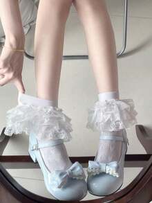1 Pair Of Women's Cute Lace Ruffle And Bow Design Three-Layer Socks, Japanese Style Valentine's Day Valentines - 白色 - 查看 8