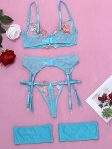 3件套女士性感网纱透视吊带背心套装 - 淺藍色 - 查看 2