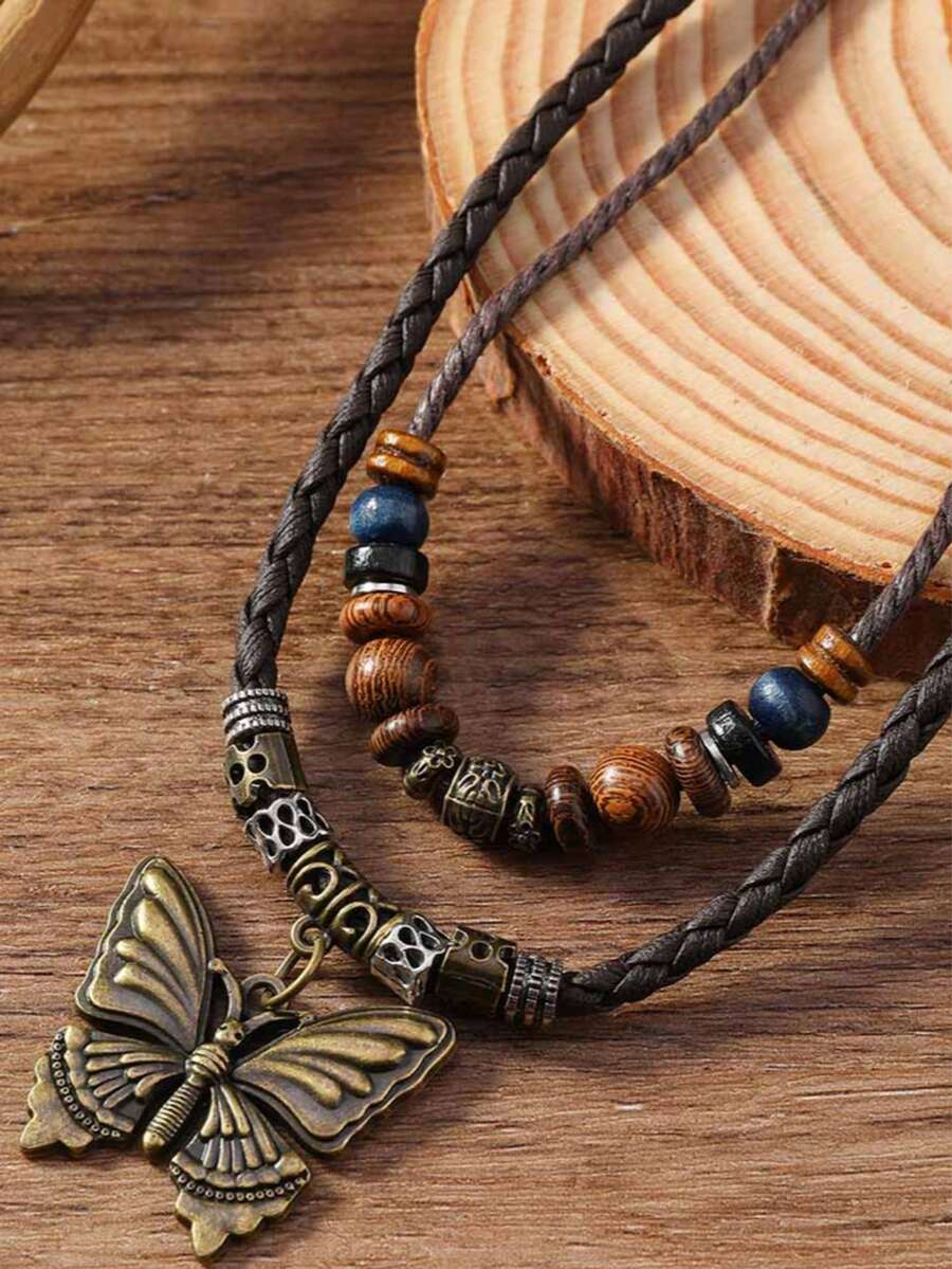 1pc Retro Bohemian Butterfly Wooden Bead & Leather Necklace, Suitable For Women's Daily, Travel, Party Wear, Great Gift For Friends - Coffee Brown - View 1