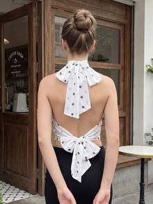 Womens Summer Halter Tank Tops Fashionable Solid Color/Dot Print Backless Going Out Vest - White - View 6