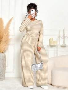BIUBIU Bộ đồ nữ cỡ lớn gồm áo sọc lệch vai và quần ống rộng cạp cao, ấm áp và tôn dáng, thích hợp cho mùa thu/đông, thanh lịch và xuân. - Be - Xem 6