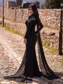 Faeriesty Elegant Knit Dress, With Stand Collar Long Sleeve, Mermaid Style Formal Evening Gown Party Wedding Black Fall - Black - View 2