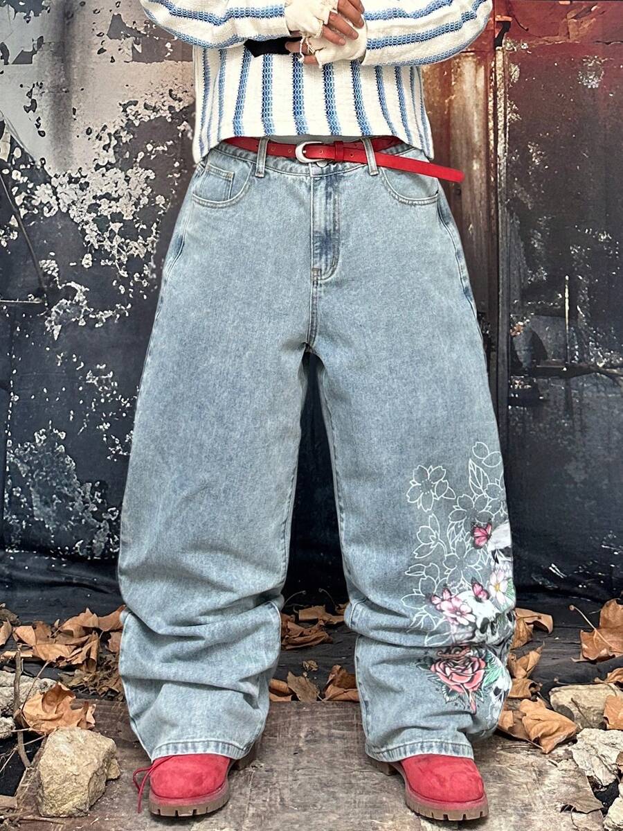 1 pieza Pantalones vaqueros anchos y holgados estilo Y2K Grunge Goth para hombre, estampado gráfico de calavera Sakura con lavado claro vintage, pantalones de mezclilla oversize estilo skater y streetwear - Celeste - Ver 1