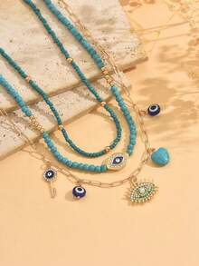 3pcs/Set Bohemian Style Blue Turquoise Beaded Necklace, Gold Handmade Chain With Evil Eye Pendant Necklace Set, Suitable For Daily Wear, Photo Shooting Or Beach Vacation - Multicolor - View 3