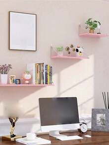 1pc (Hook Included) Partition Shelf, Wallmount Floating Shelf, No Drilling Required, Wall Decor For Bedroom, Study, Living Room, Bathroom, Kitchen, Wooden Storage Rack - Pink - View 2