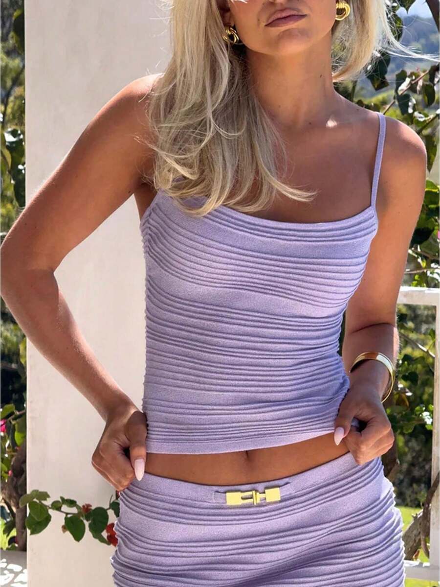 Women's Knit Striped Tank Tops Summer Fashionable Sleeveless Scoop Neck Slim Fit Sweater Camisole For Summer Going Out Beach Vacation - 紫色 - 查看 1