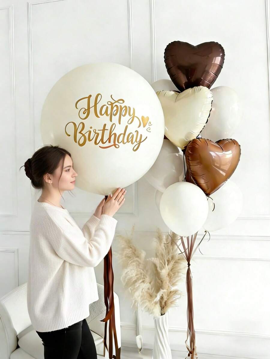 9件套焦糖生日气球套装，包含巧克力色、焦糖色、奶油白色心形气球和生日主题印花乳胶气球，适用于生日快乐英文字母装饰、派对场景装饰、家庭聚会背景、泰迪熊主题派对、生日派对装饰等。 - 多色 - 查看 1