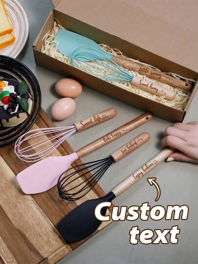 Custom Kitchen Utensil Set, Personalized Baking Tools Modern Minimalist Style For Home Kitchen Cooking Dessert Making, Customized Text Spatula Whisk Set Practical Daily Use Gift For Mother's Day Birthday Housewarming, Customizable Kitchen Set Gift For Family Friends Baking Lovers